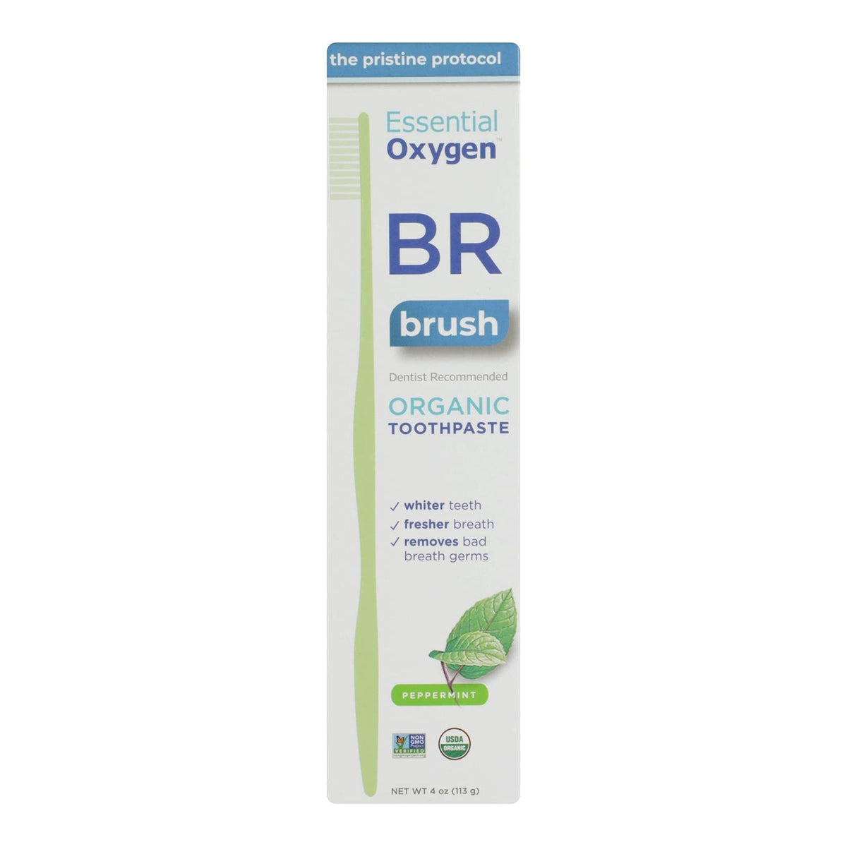 Essential Oxygen BR pasta dental orgánica de menta para una sensación fresca diaria.