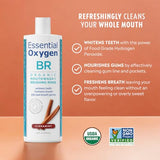 Etiqueta orgánica de Essential Oxygen Enjuague Bucal Cinnamint con ingredientes
