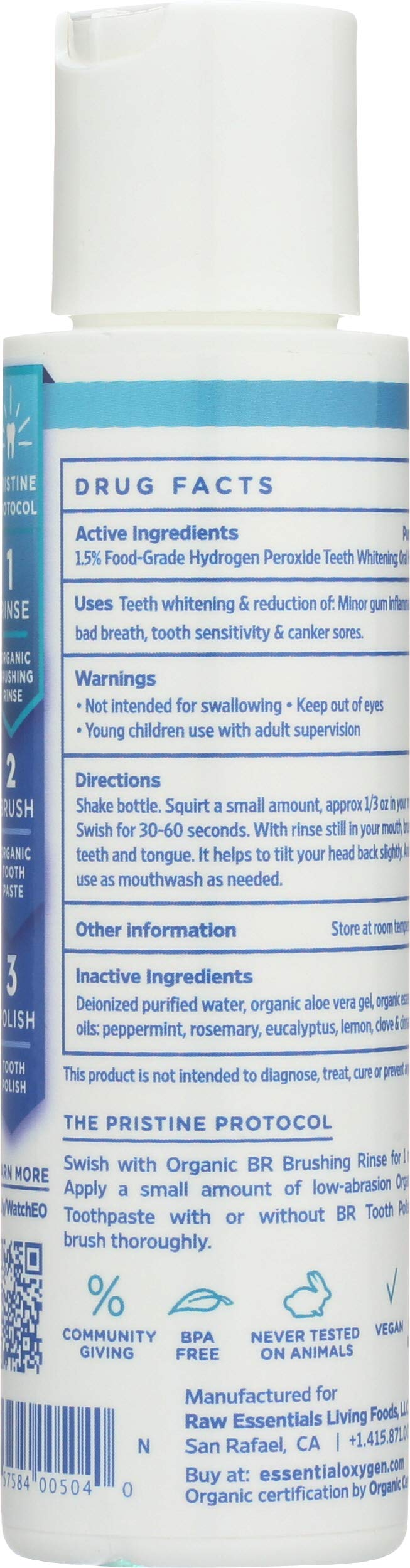 Etiqueta de Essential Oxygen destacando ingredientes naturales para cuidado bucal suave.