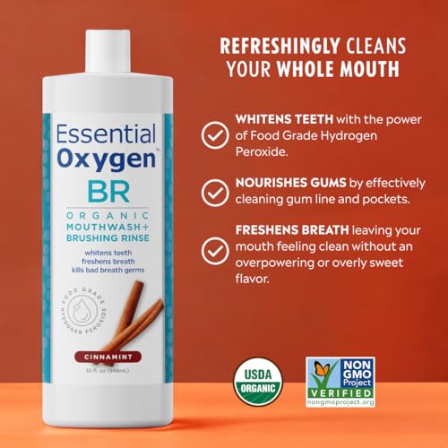 Essential Oxygen ingredientes naturales aloe y peróxido en botella, limpieza bucal suave