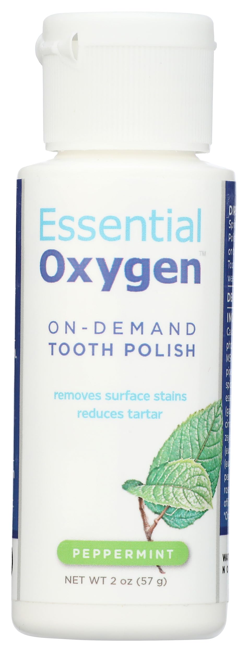 Essential Oxygen Organic Mint Tooth Polish: botella y aroma fresco para aliento duradero