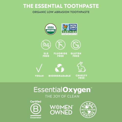 Pasta dental Essential Oxygen sin fluoruro para uso diario.