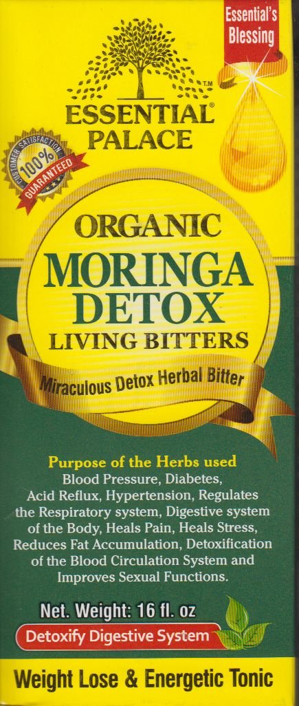 Essential Palace Moringa Orgánica amargos; botella vertiendo para ritual de bienestar diario