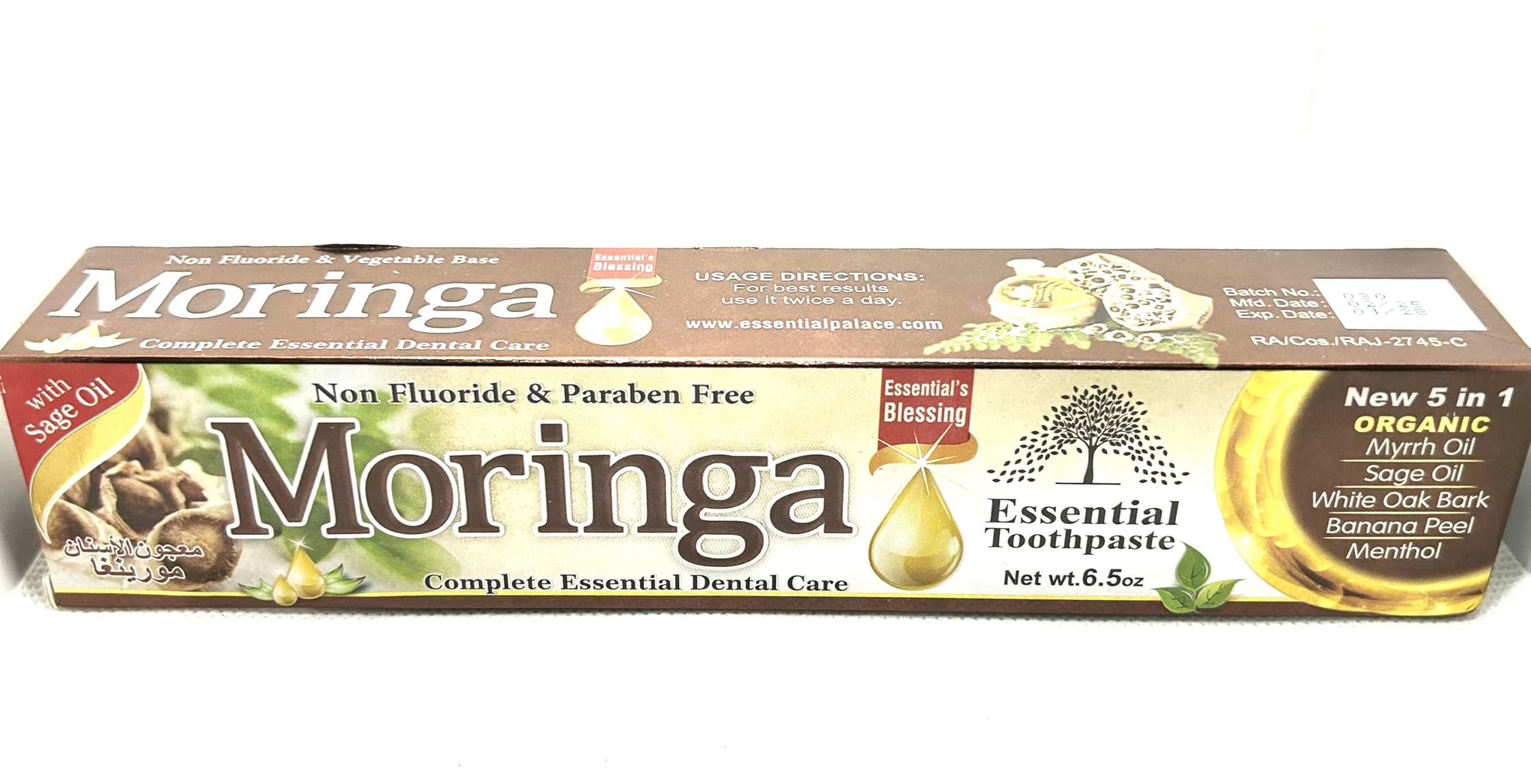 Essential Palace Moringa orgánica pasta dental, empaque visible para limpieza diaria natural.
