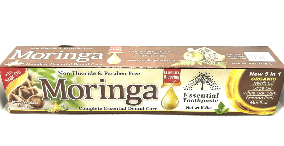 Essential Palace Moringa orgánica pasta dental, empaque visible para limpieza diaria natural.