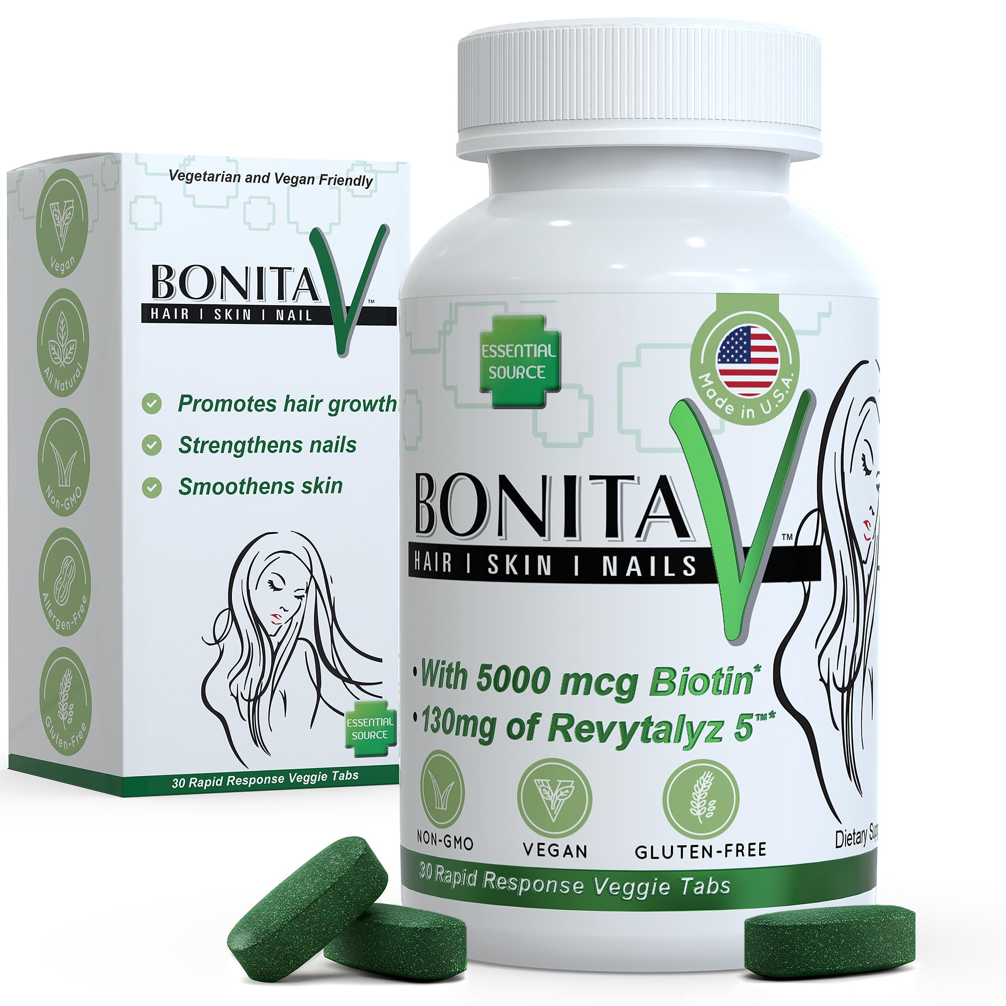 Biotina Essential Source frasco 5000 mcg para cabello y uñas fuertes.