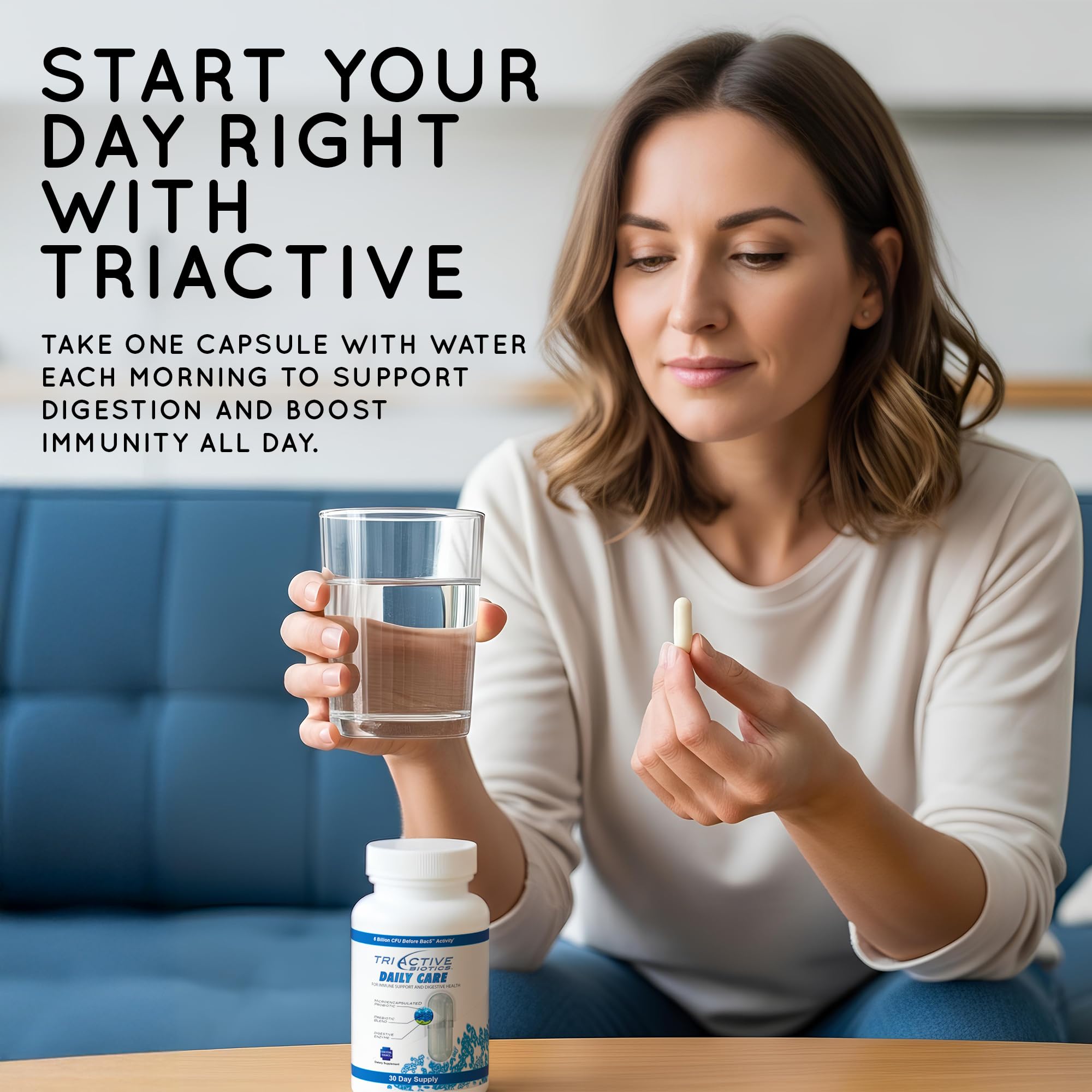 Tomar una cápsula diaria con comida para mejor absorción de TriActive Biotics.
