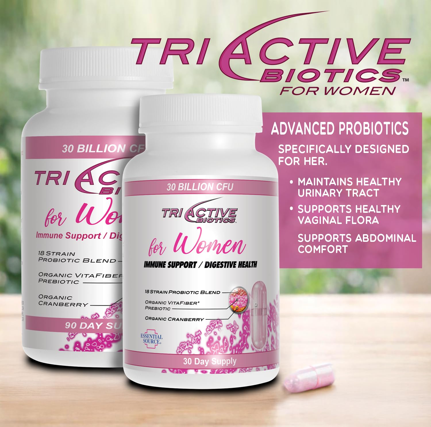 Essential Source Triactive Biotics cápsulas en envase para soporte intestinal y urinario.