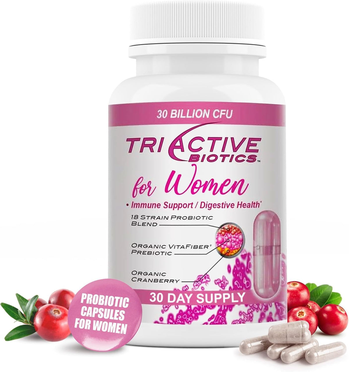Essential Source Triactive Biotics frasco de cápsulas para equilibrio digestivo diario.