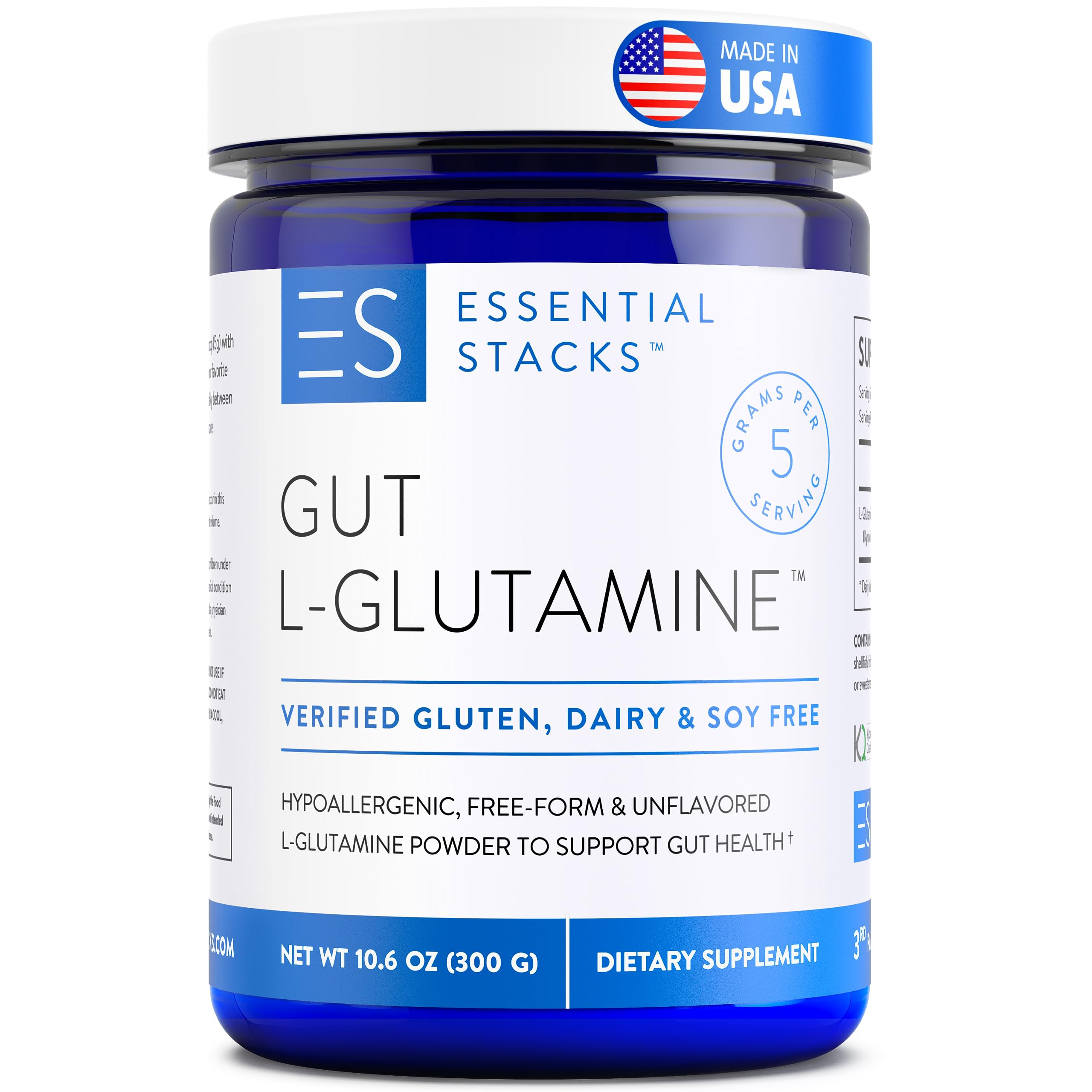 Frasco de Essential Stacks Gut L-Glutamina Powder para apoyar la salud intestinal.