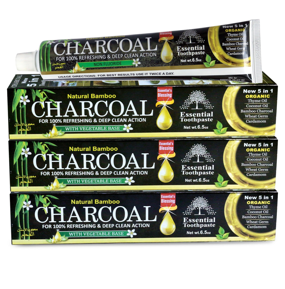 Pasta ESSENTIAL TOOTHPASTE con carbón de bambú para blanqueado suave y aliento fresco.
