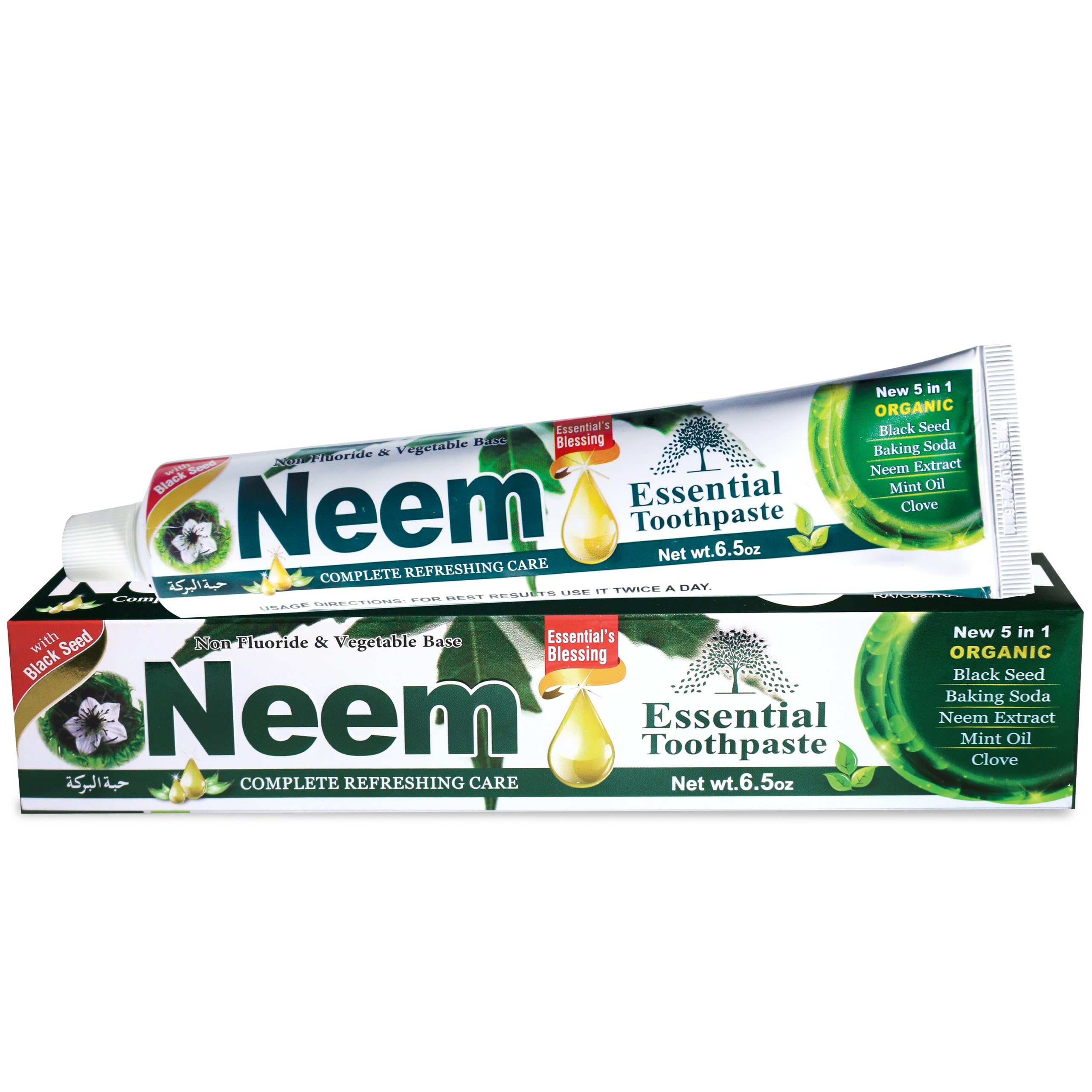 Pasta dental Neem Esencial 5 en 1 crema dental ofrece frescura y cuidado del esmalte de forma natural.