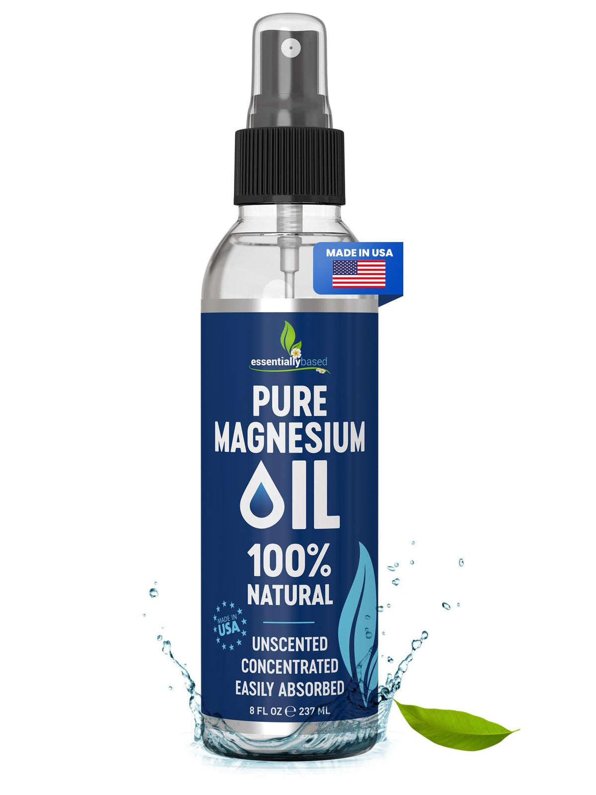EssentiallyBased aceite magnesio spray, botella 8oz para uso diario en la piel.