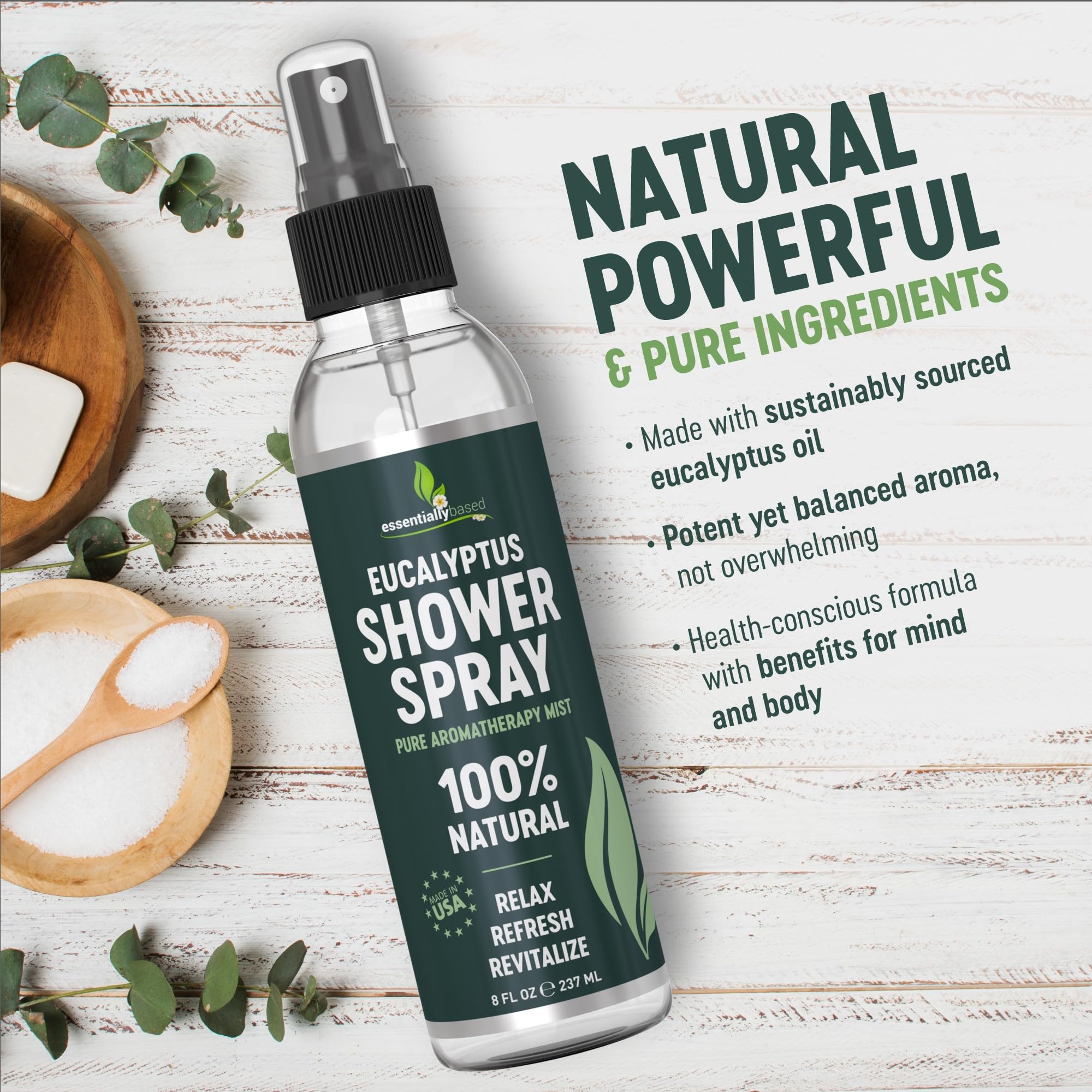 essentiallybased eucalipto puro sauna 8oz: bruma para vapor y relajación.