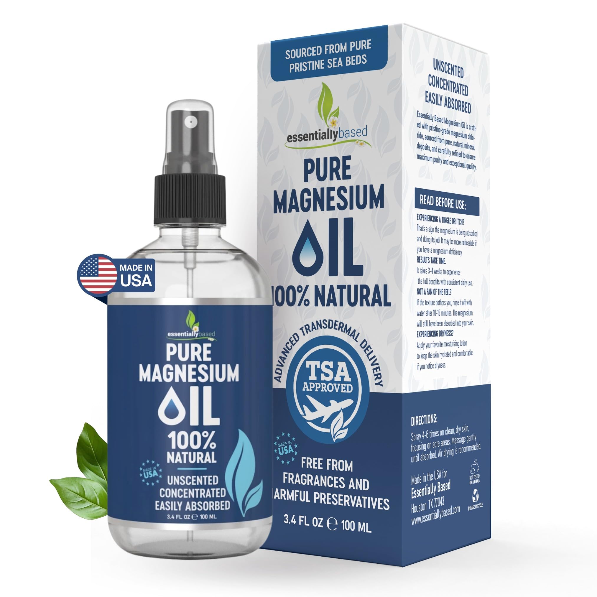 EssentiallyBased Aceite de Magnesio Puro; botella portátil para uso diario.