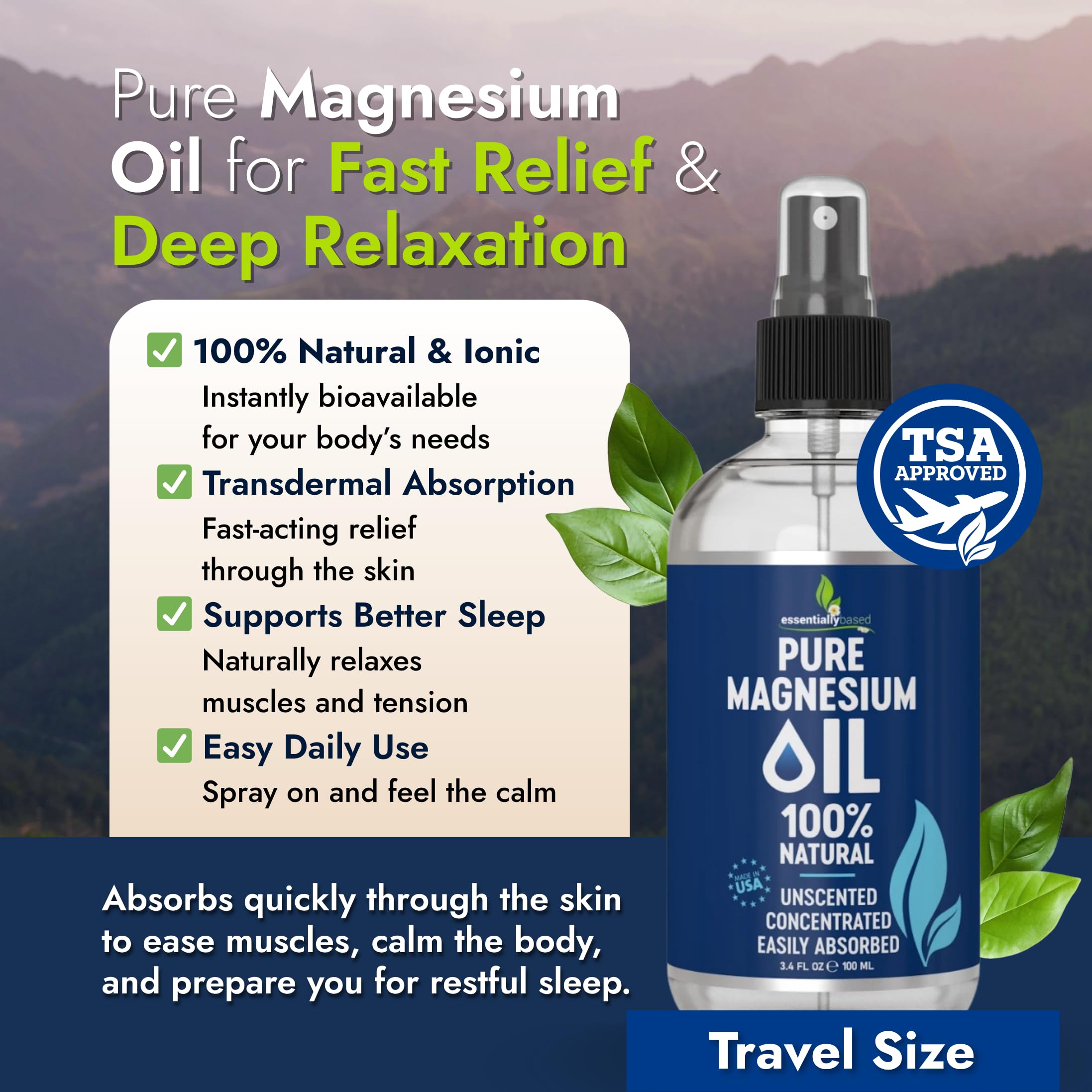 EssentiallyBased Aceite de Magnesio Puro; cuidado de piel y uñas.