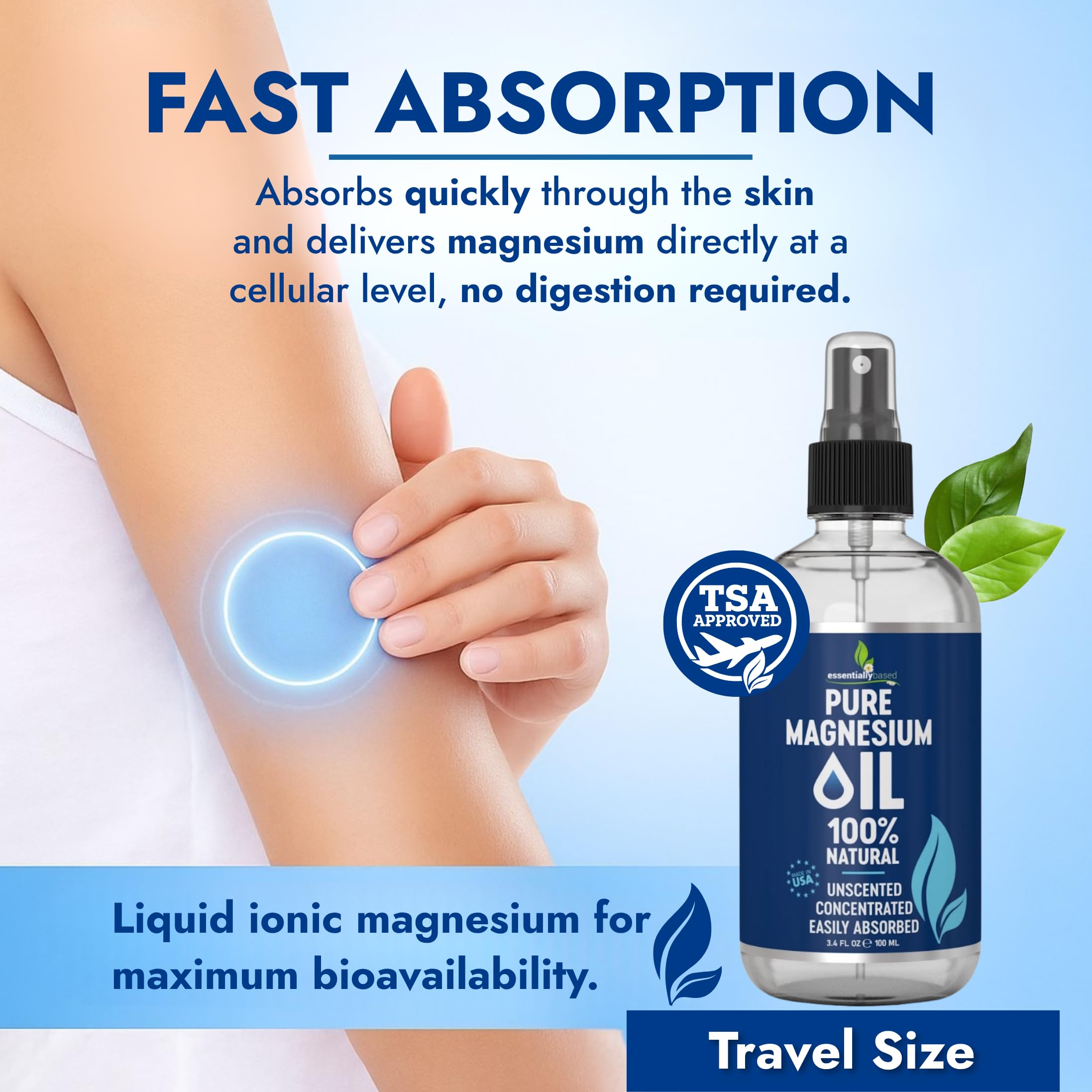 EssentiallyBased Aceite de Magnesio Puro; textura líquida de absorción rápida.