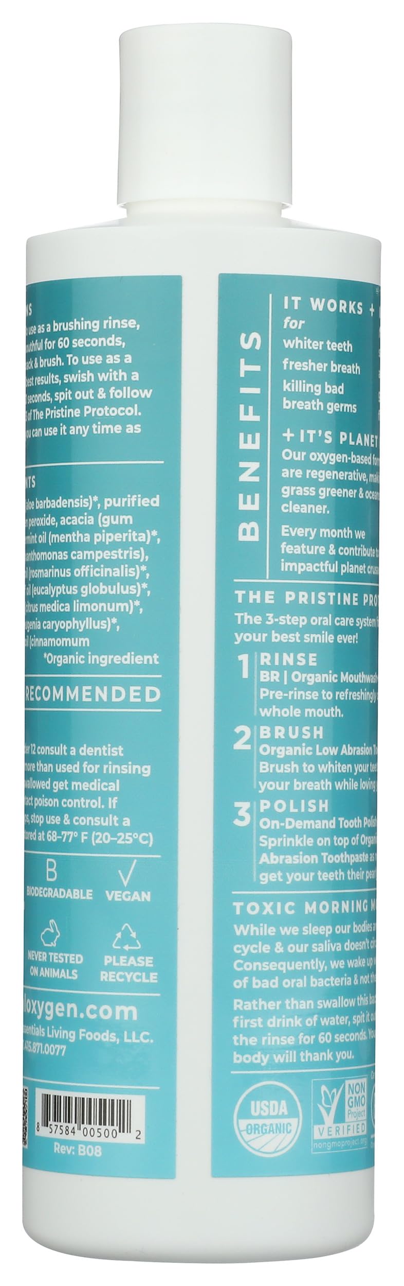 Essentialoxygen boca fresca con enjuague de menta, mejora la sensación tras el cepillado.