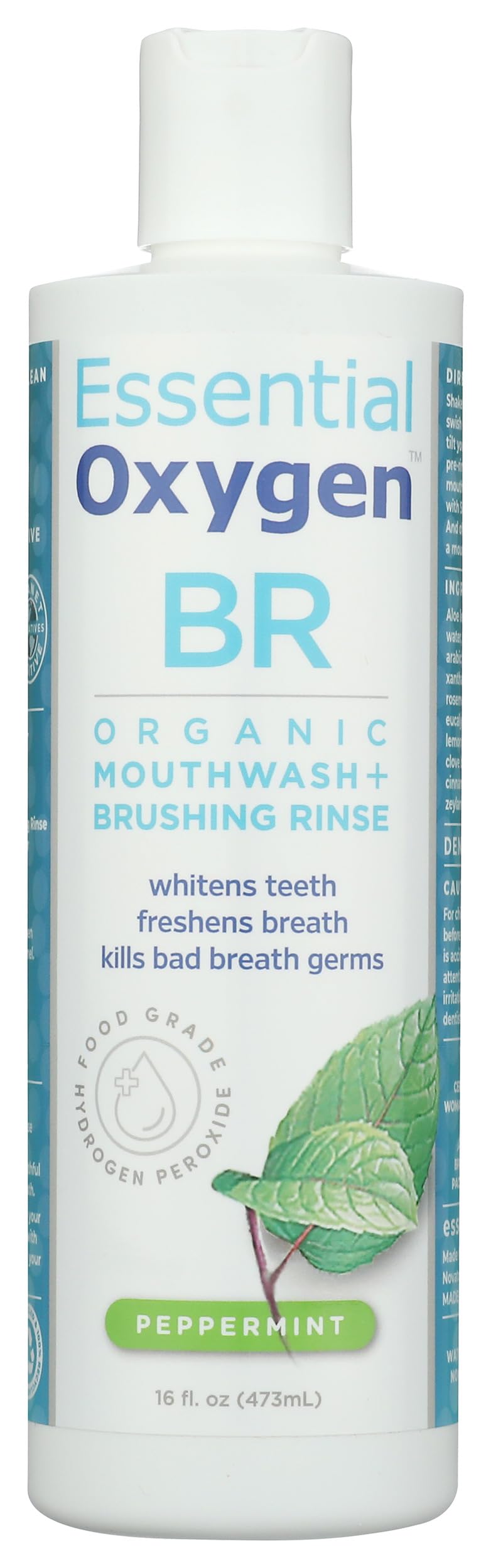 Essentialoxygen enjuague de menta orgánico para cepillado, aroma fresco y limpieza suave.