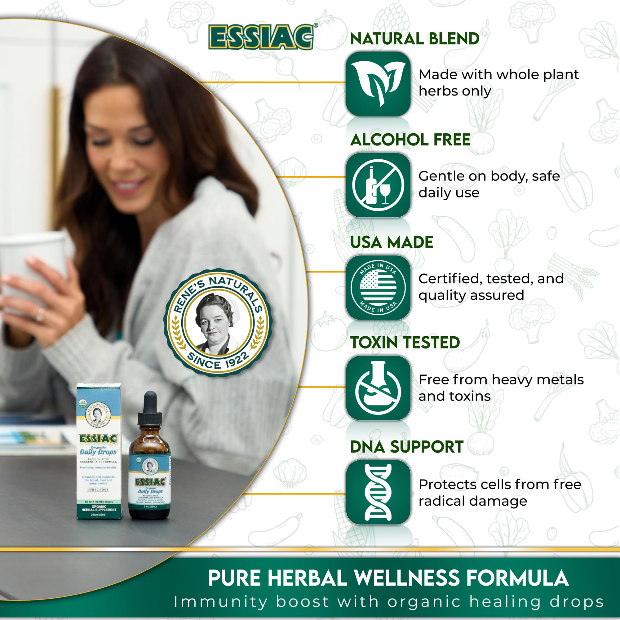 Etiqueta del frasco Essiac que facilita identificar la fórmula herbal.