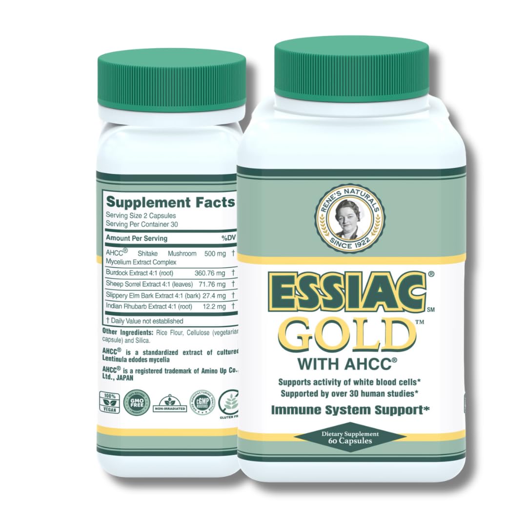 Essiac Gold con AHCC: botella inclinada para ritual diario de bienestar.