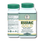 Essiac Gold con AHCC: botella inclinada para ritual diario de bienestar.