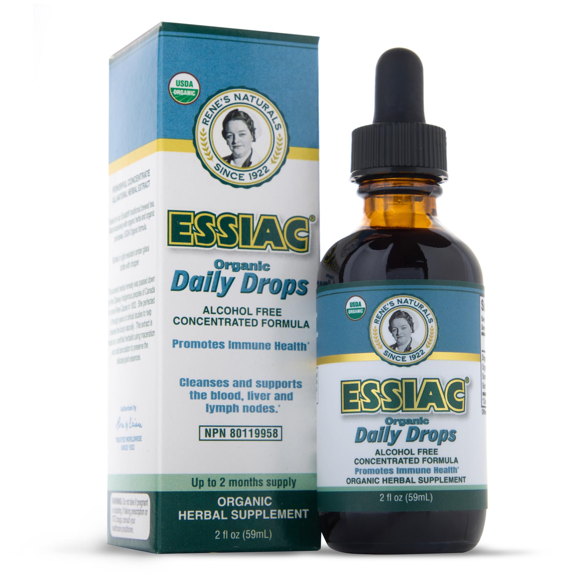 Essiac Gotas – botella de 59 ml lista para uso diario sin alcohol.