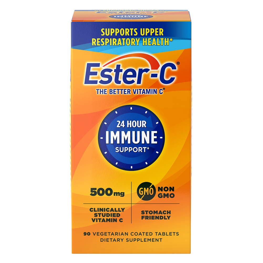 Ester-C 500 mg botella frontal con tabletas, ideal para uso diario y reconocimiento de la marca