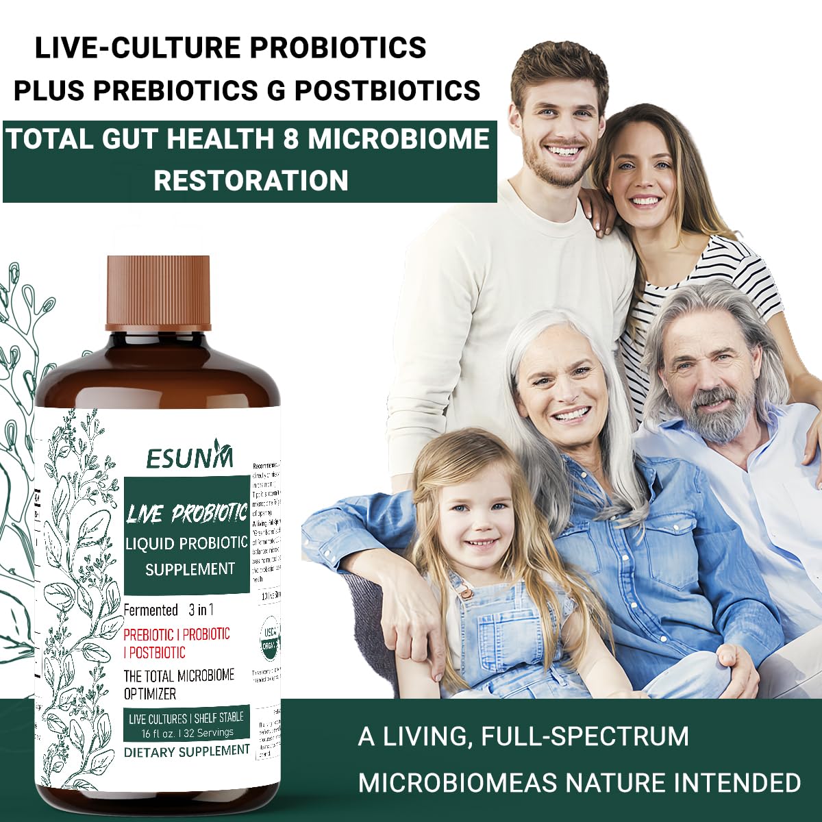 ESUNM envase que ilustra un ecosistema intestinal completo y natural.