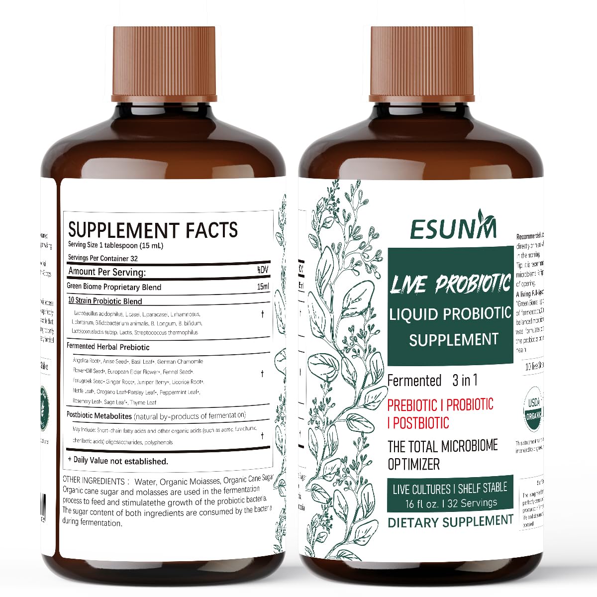 ESUNM etiqueta de botella mostrando fórmula 3 en 1 para soporte intestinal integral.