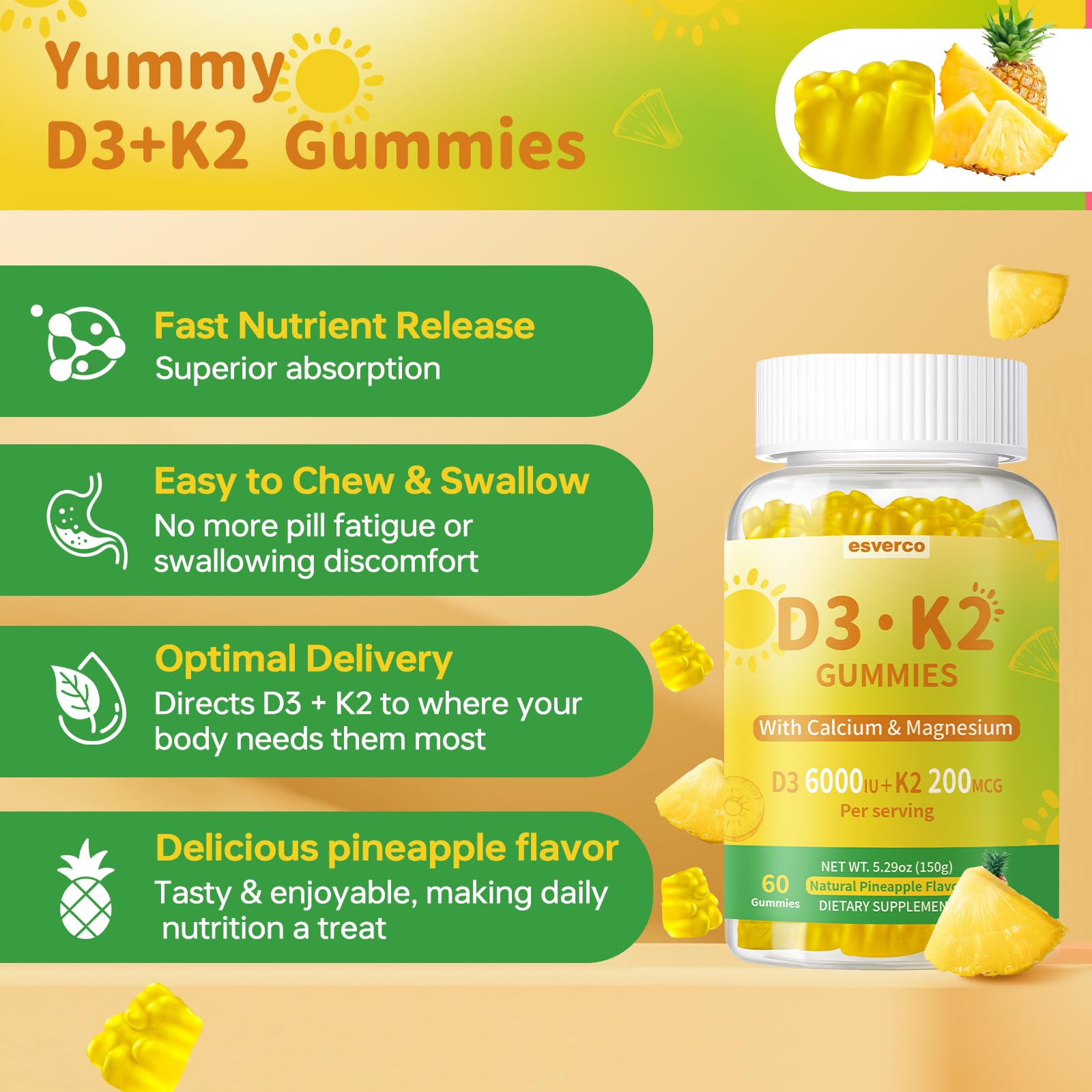 Gomitas Esverco D3 K2 con sabor piña, disfruta tu rutina diaria.