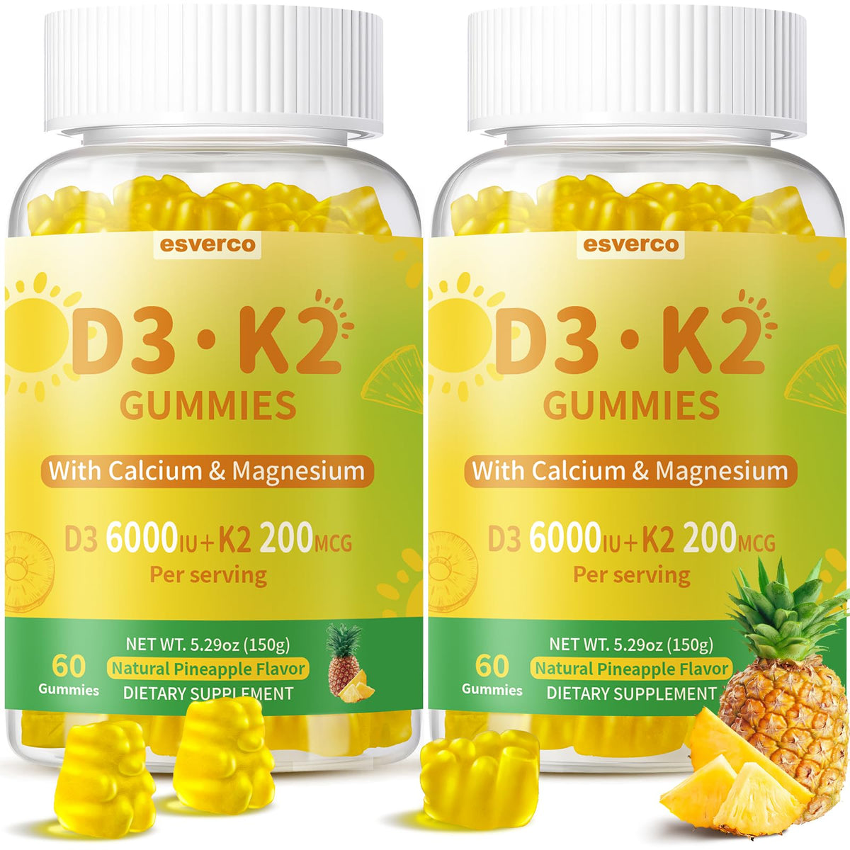 Gomitas Esverco D3 K2 en bote, apoyo diario para huesos y dientes sanos.