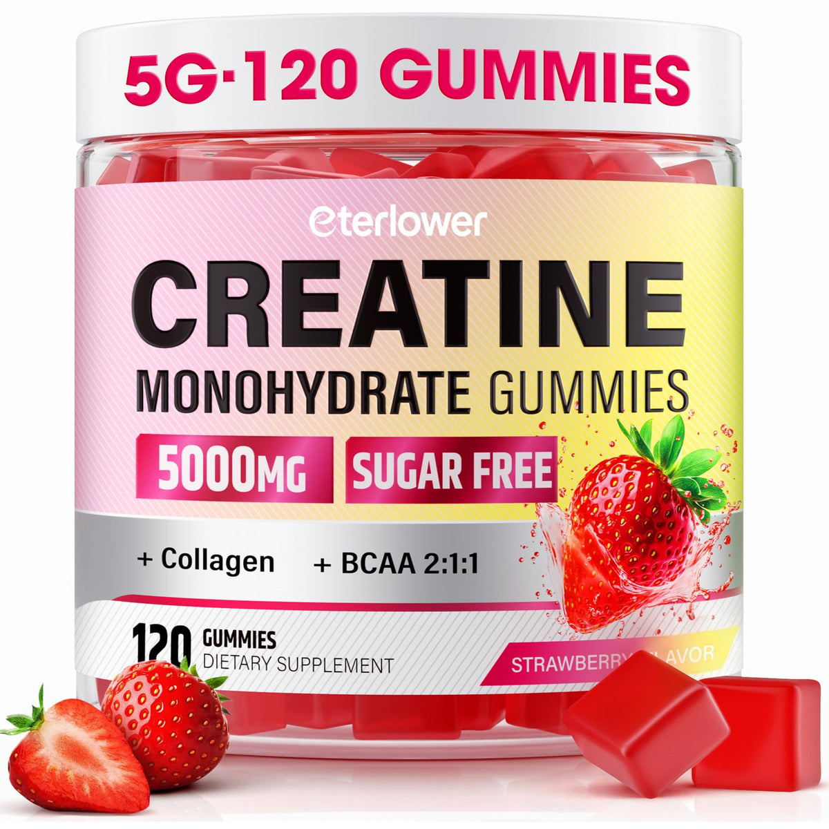 Gomitas eterlower de creatina con sabor fresa frente al envase para ingesta diaria sabrosa