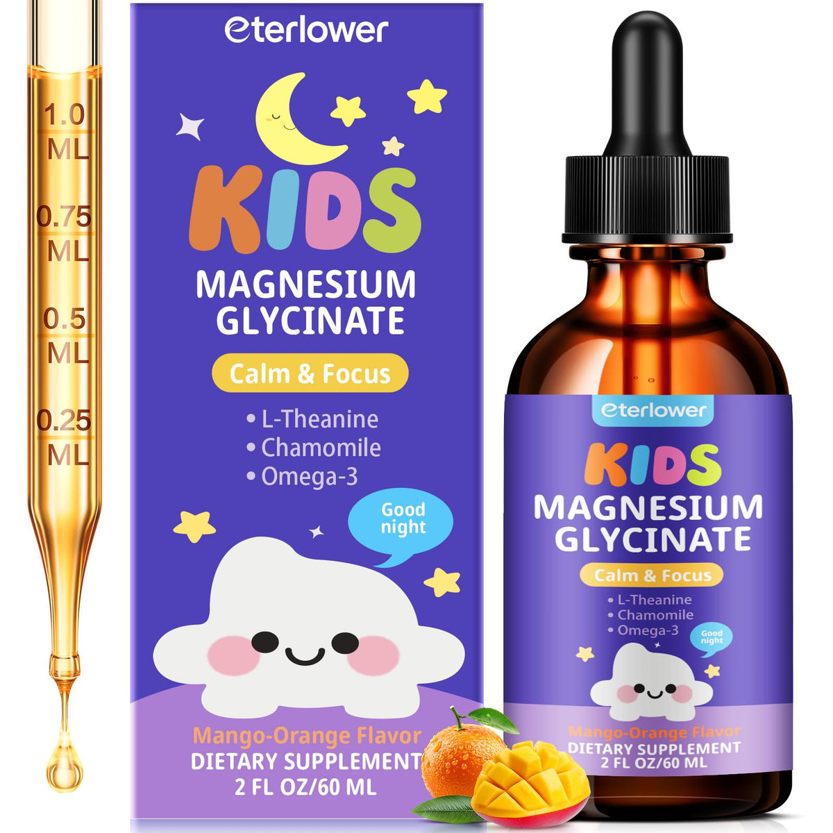 Gotas de magnesio para niños, frasco naranja-mango, sabor agradable para uso diario.