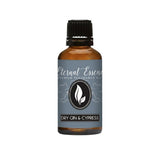 Eternal Essence Oils gin-seco y ciprés en botella ámbar para ambientación fresca.