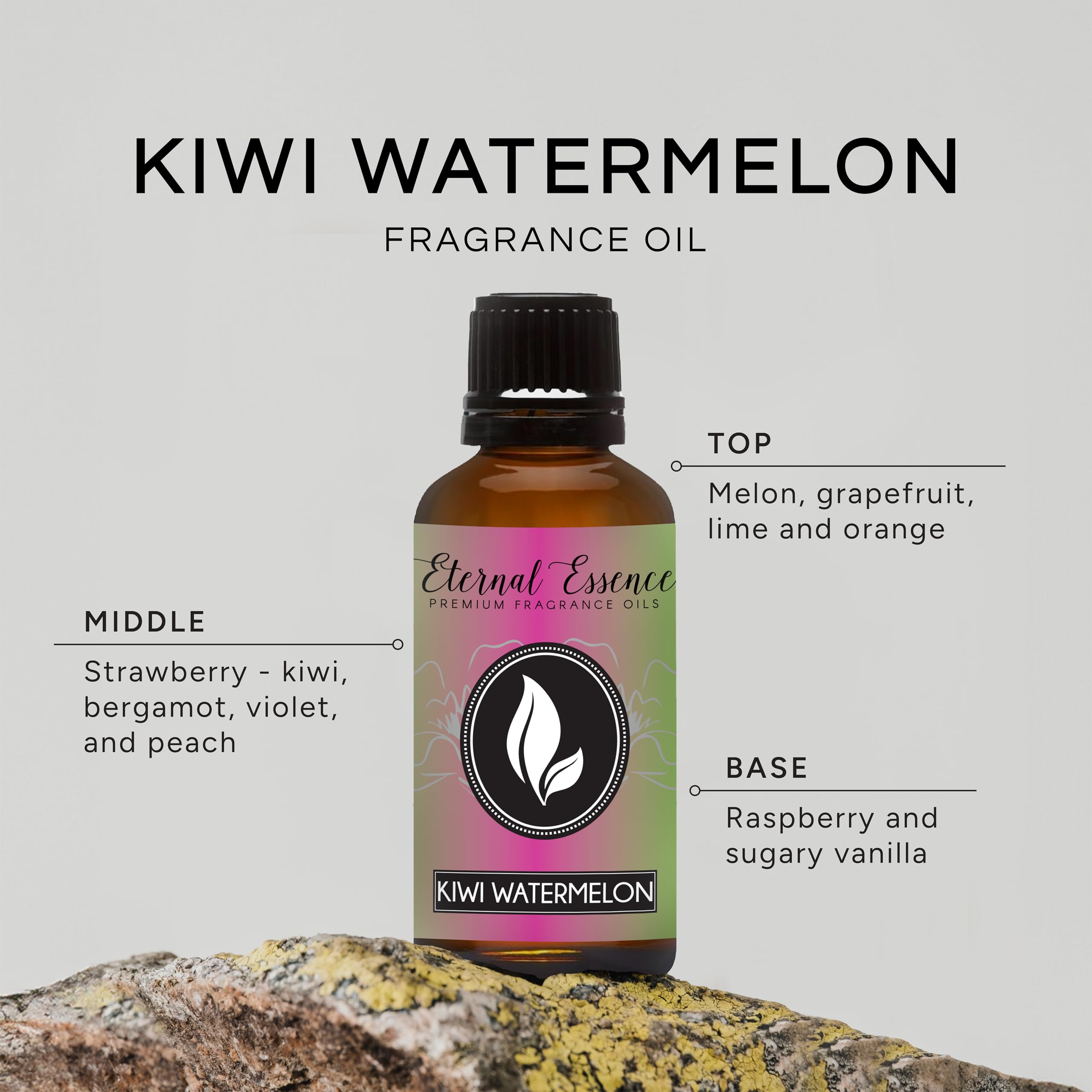 Eternal Essence Oils Kiwi Watermelon, tapón y gotero para dosificar fragancias exteriores.