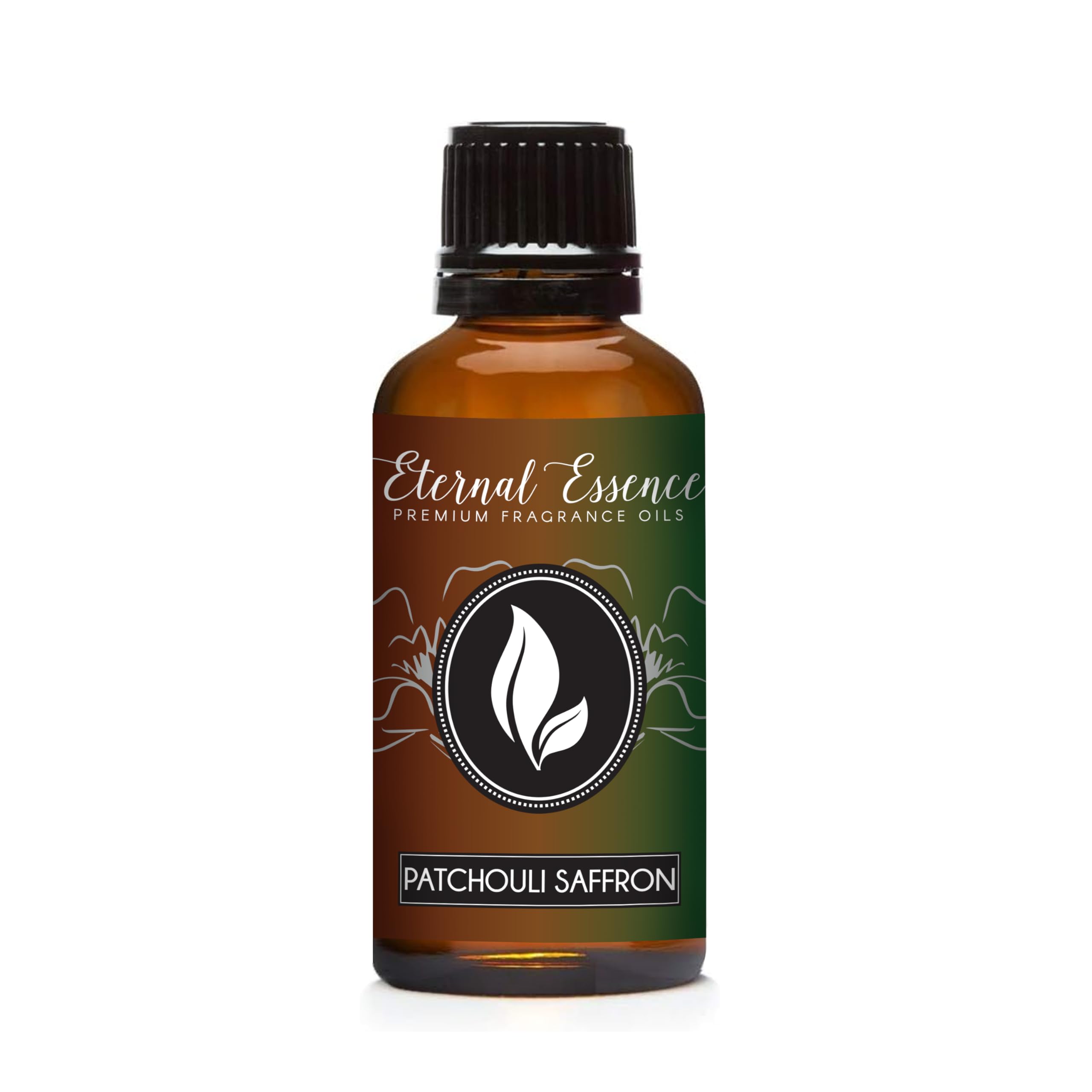 Eternal Essence Oils Patchouli Saffron, botella ámbar de 30 ml para fragancias personalizadas.