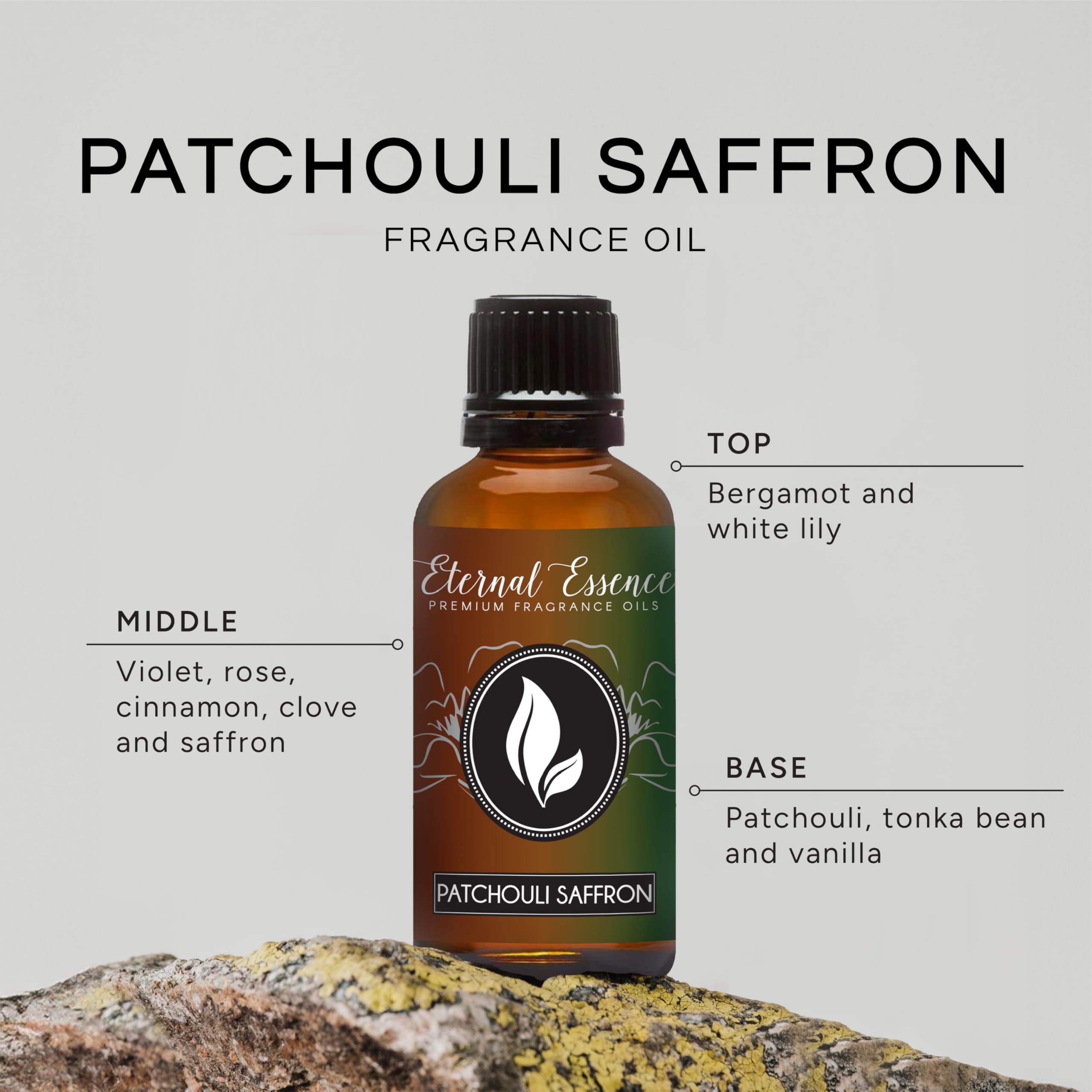 Eternal Essence Oils Patchouli Saffron, tapa ribbed para dosificar con precisión.