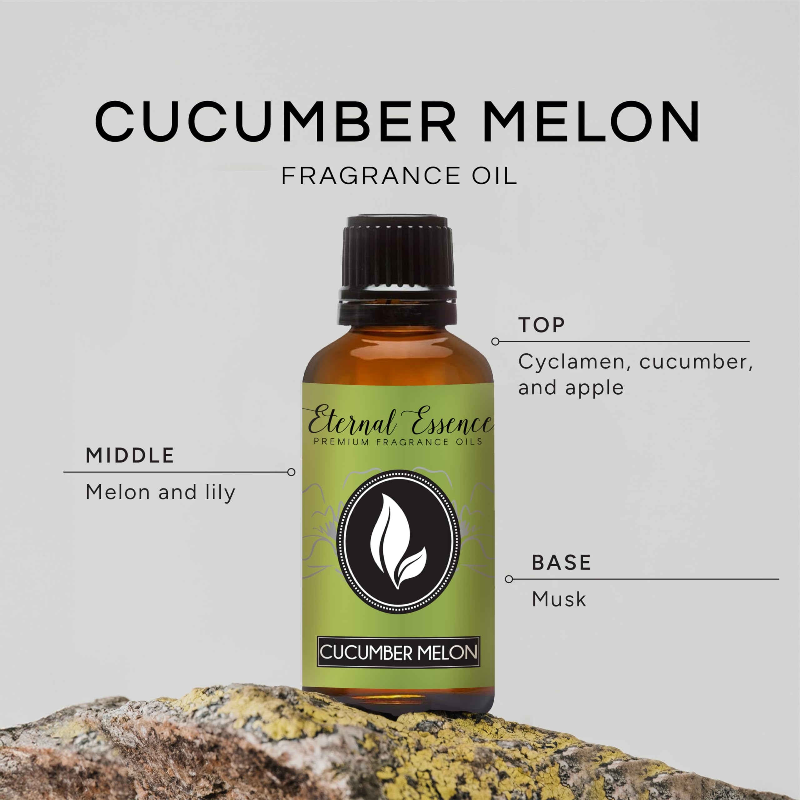 Etiqueta del frasco Eternal Essence Oils Pepino Melón para uso en jabones.