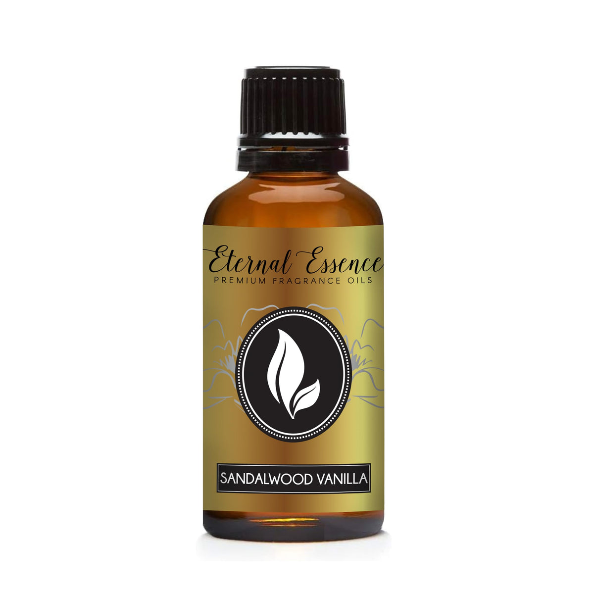 Eternal Essence Oils Sandalwood Vanilla en frasco ámbar de 30 ml para velas.