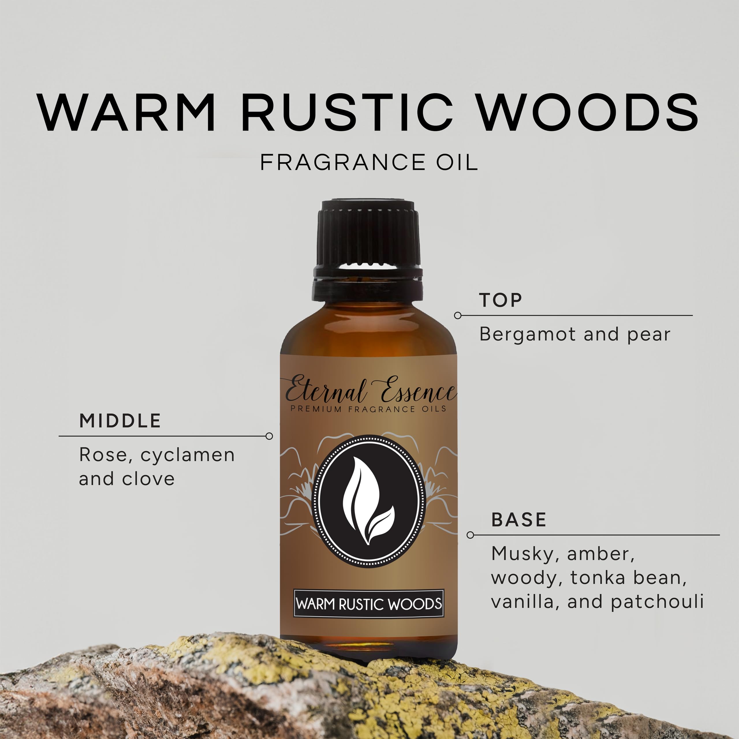 Eternal Essence Oils Warm Rustic Woods: cierre-tapon-ambar para almacenamiento seguro.