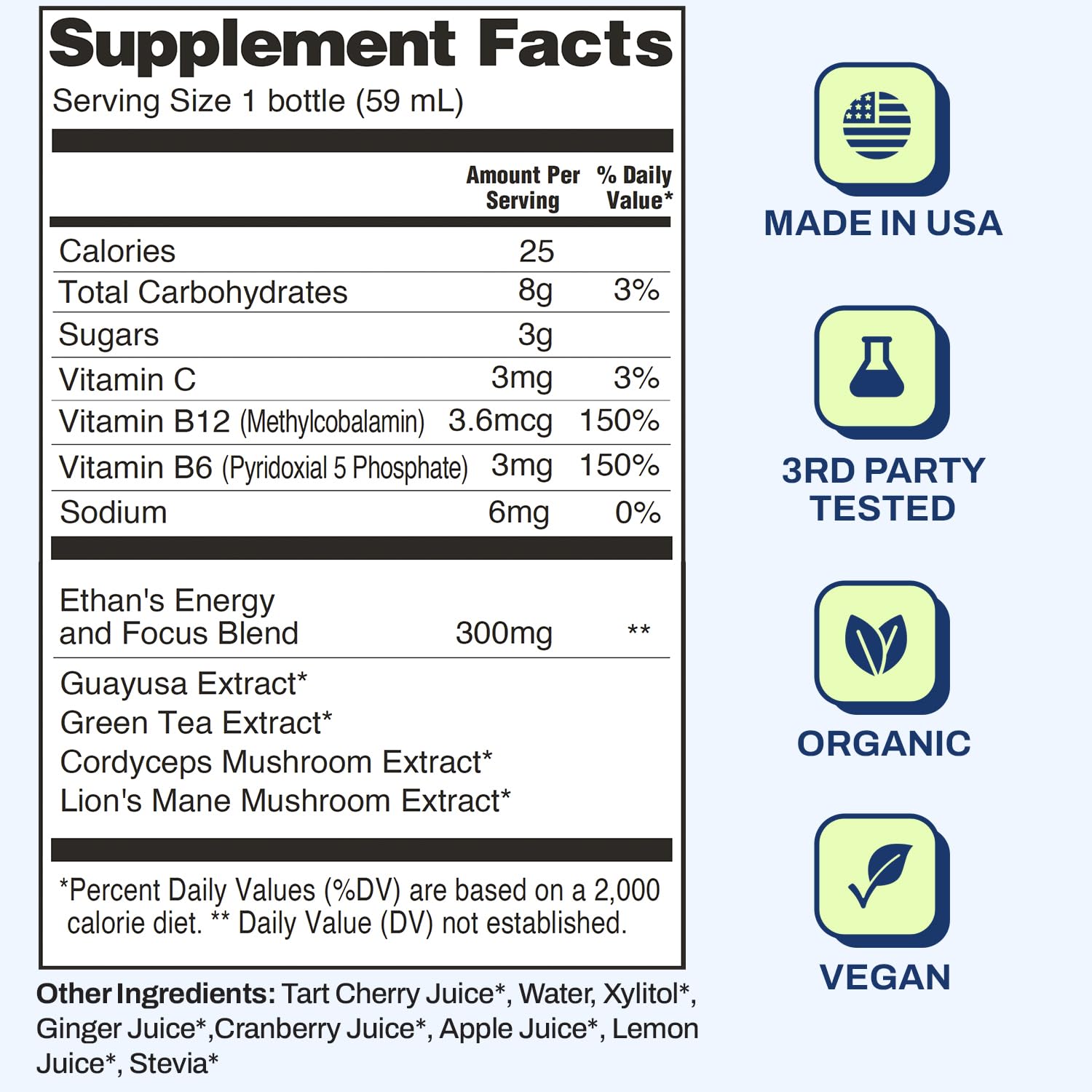 Ethan's Cafeína 150 mg: cafeína vegetal de té verde y guayusa para enfoque rápido.