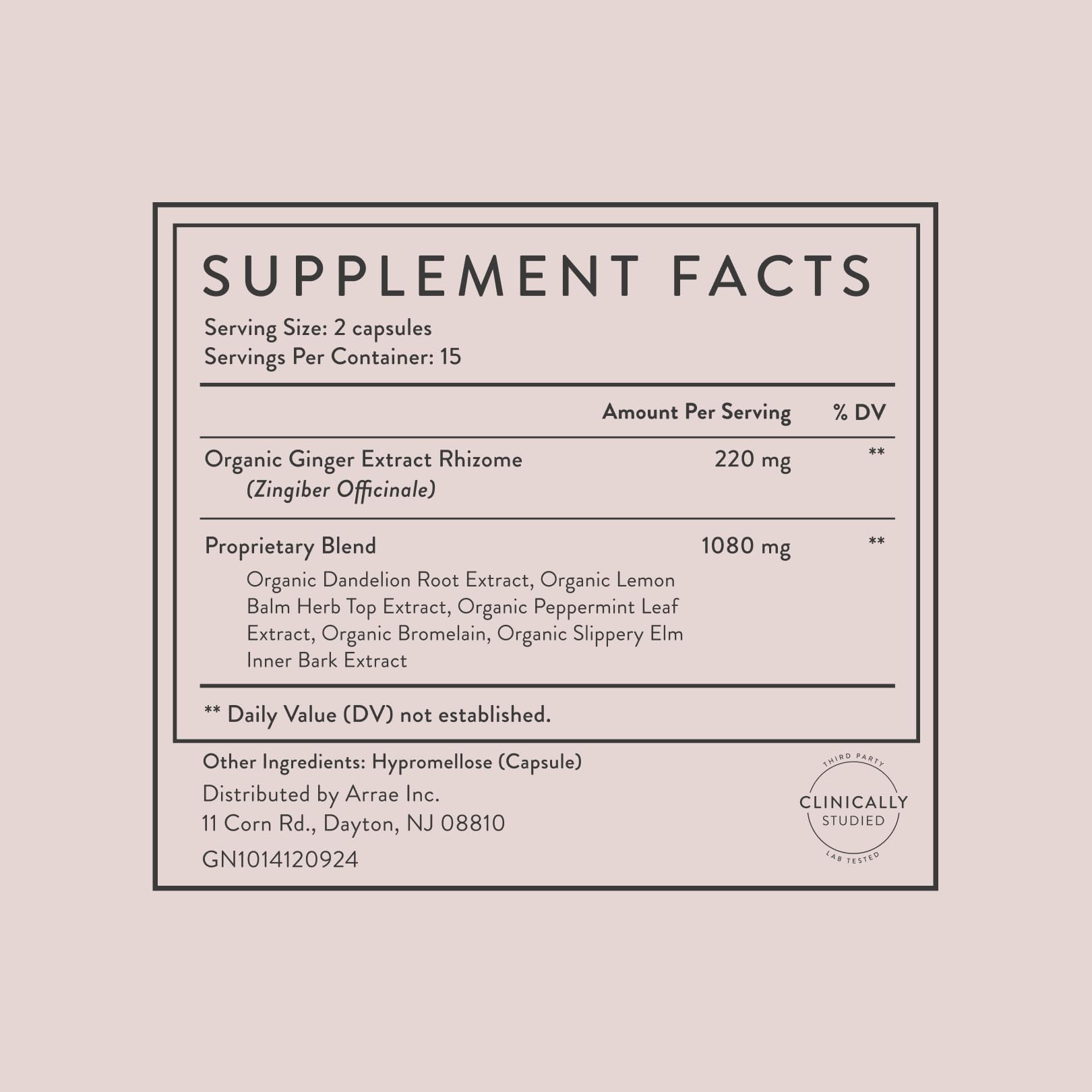Etiqueta frontal de Arrae Bloat, información clara sobre ingredientes naturales.