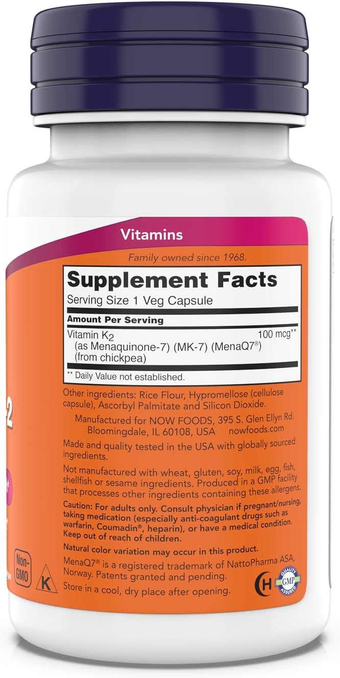 Etiqueta frontal NOW Foods MK-7, muestra formato vegano y calidad.