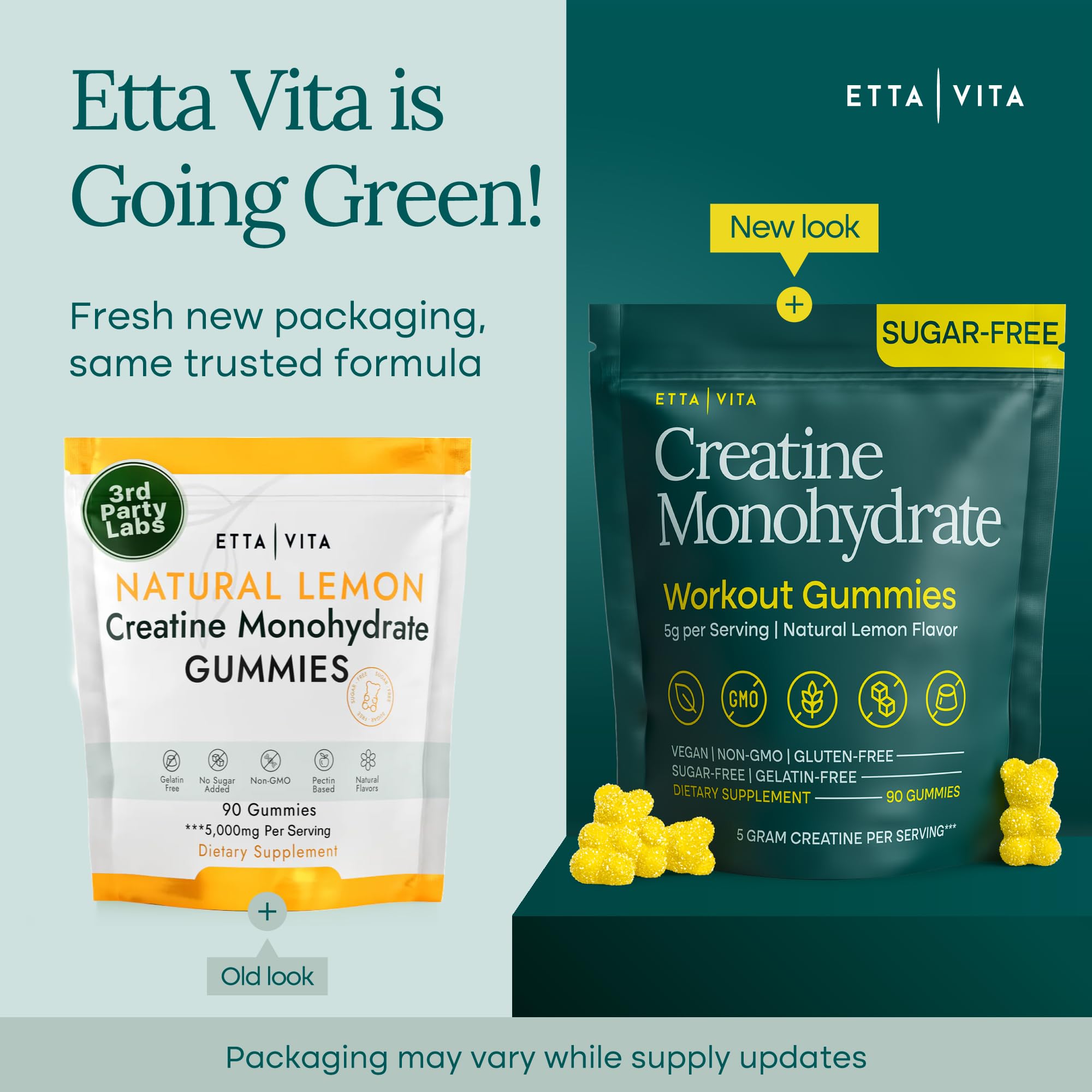 Gomitas creatina sin azúcar Etta Vita sabor limón, presentación portátil para el gimnasio.