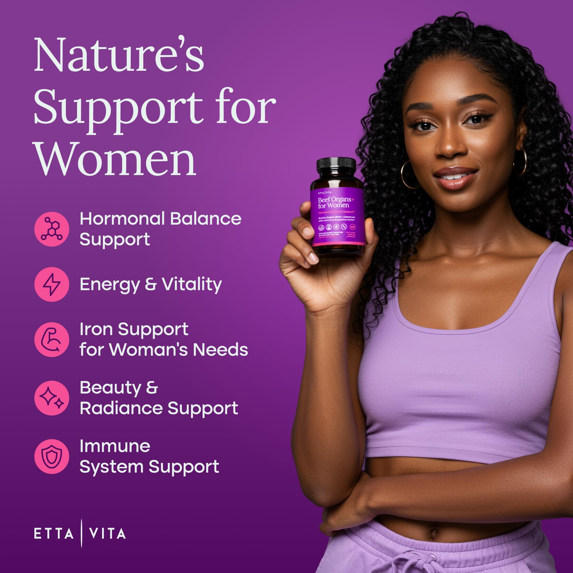 Etta Vita Primal, cápsulas en primer plano, complemento para equilibrio hormonal.