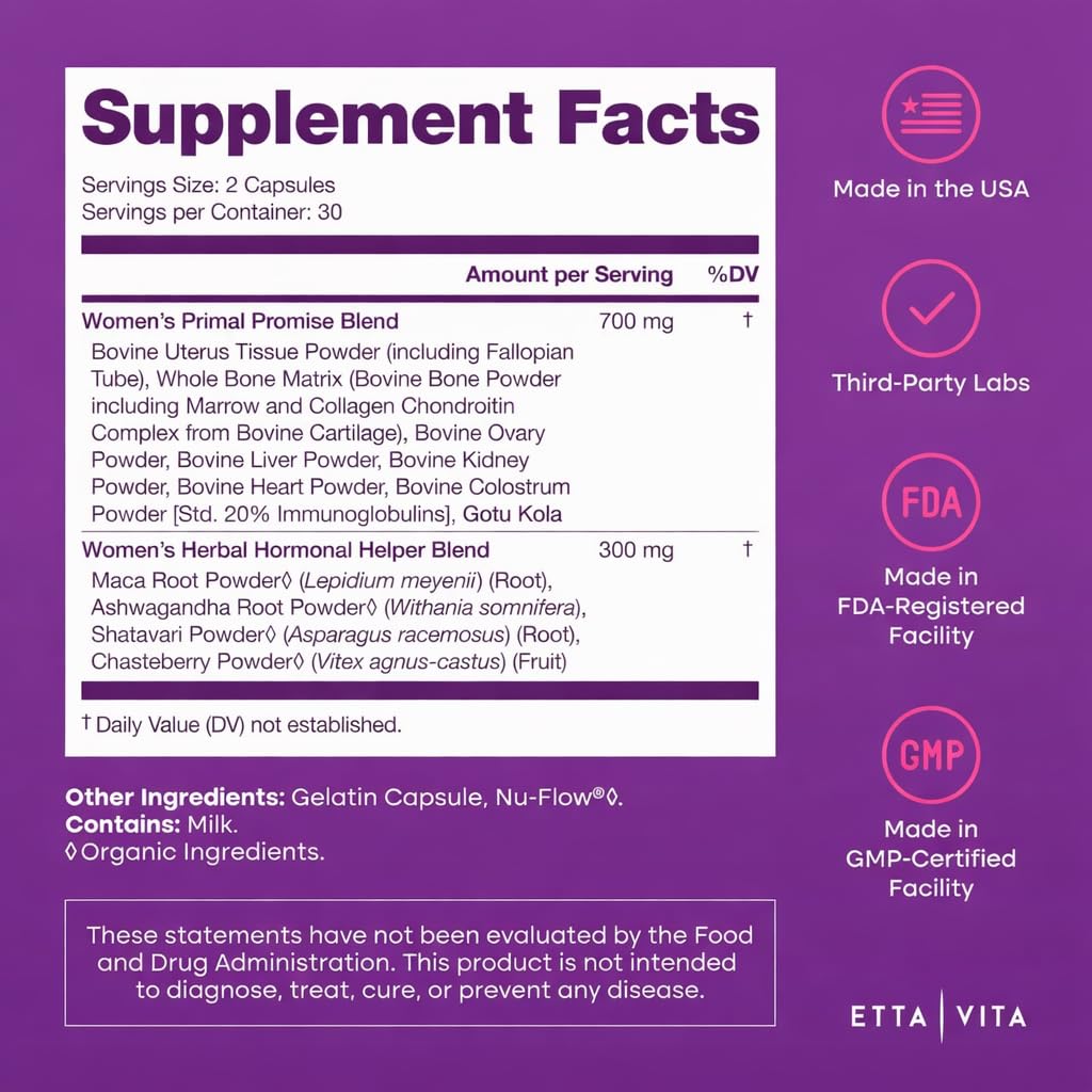 Etta Vita Primal, maca y shatavari, posibles mejoras de energía y ánimo.