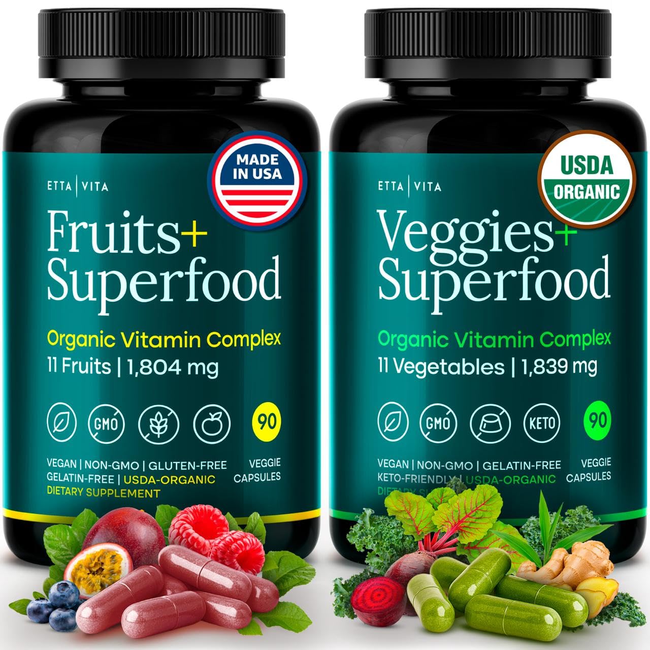 Etta Vita: bote con cápsulas de frutas y verduras orgánicas para nutrición diaria.