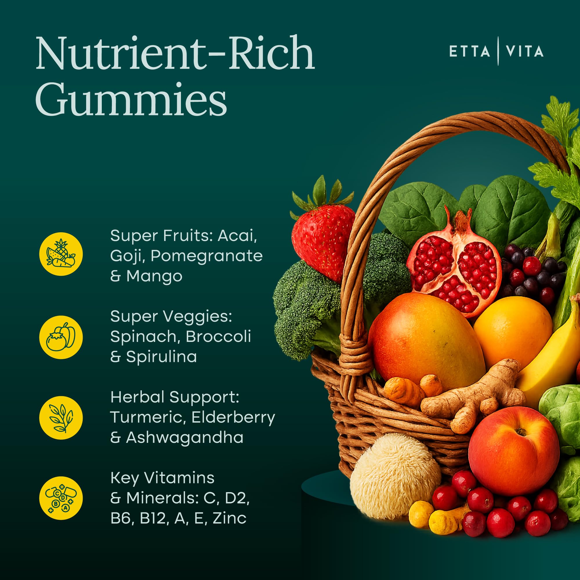Gomitas veganas de Etta Vita con sabor frutal y aroma natural.