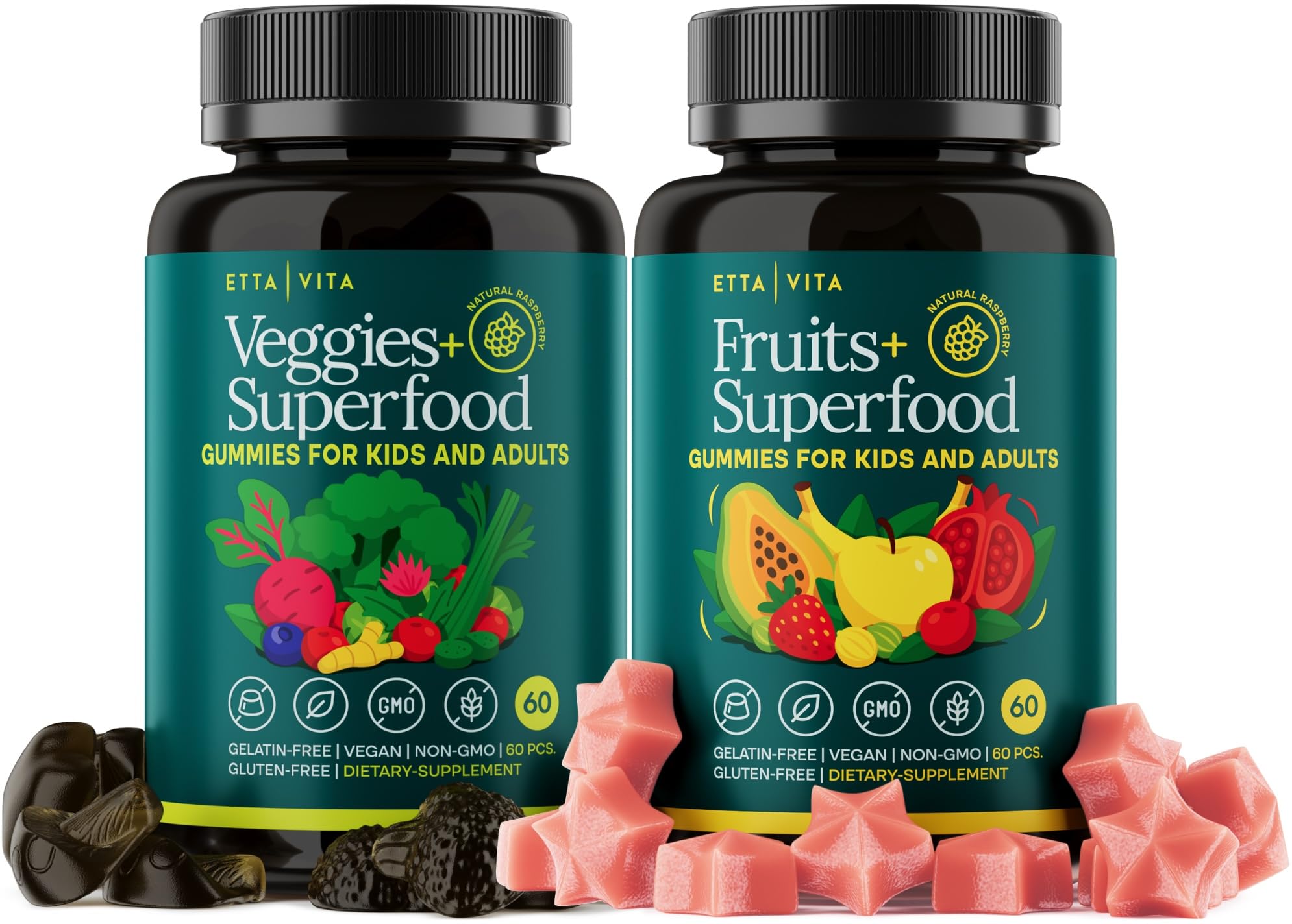 Gomitas Etta Vita Super Greens en botella, apoyo diario de frutas y verduras.